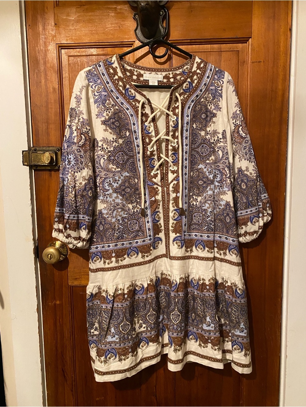 House of Harlow 1960 Cream, Blue & Brown Paisley Lace-Up Mini Dress